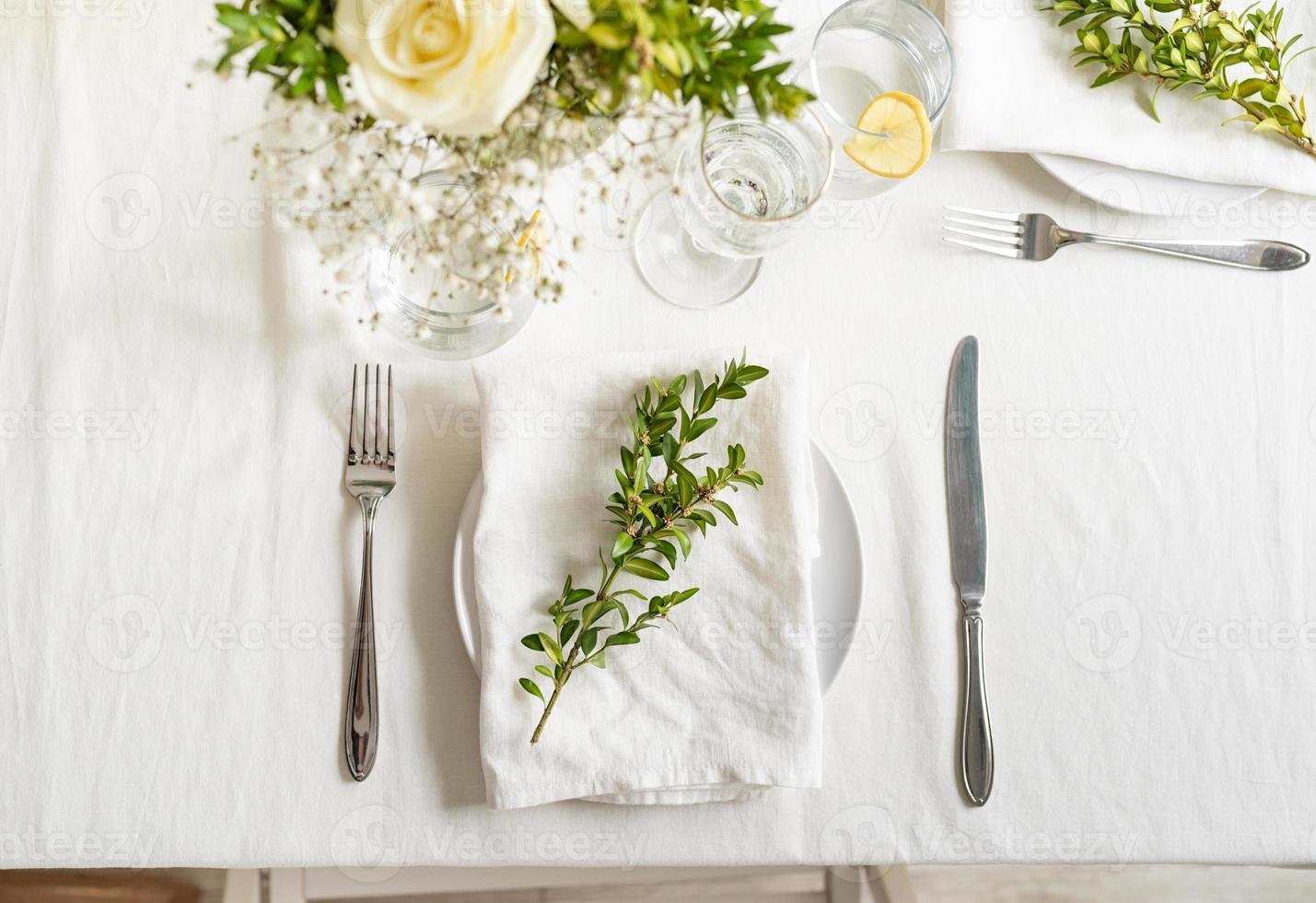 beautiful table setting for romantic dinner for two photo