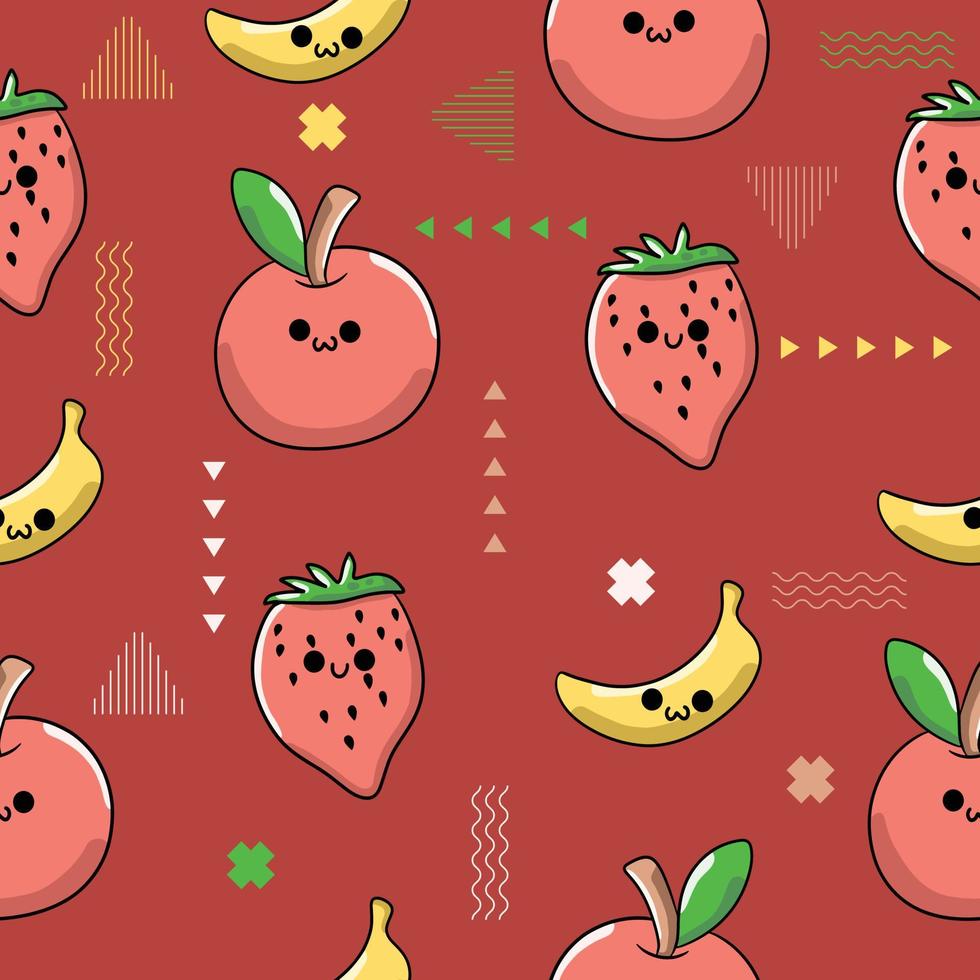 lindo chibi frutas manzana, fresa, plátano patrón sin costuras garabato para niños y bebé kawaii dibujos animados premium vector fondo diseño decoración ilustración creativa para impresiones, memphis 80s 90s tema