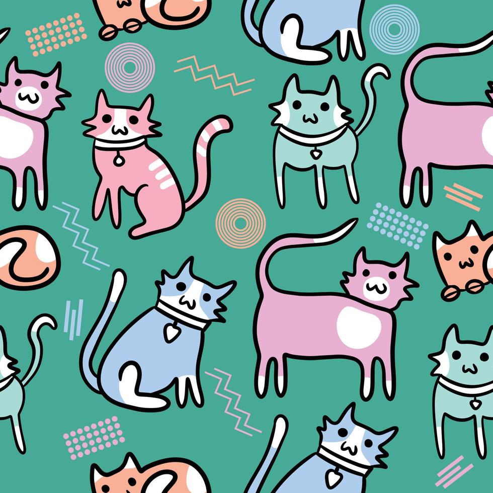 lindos animales chibi gatitos y gatos garabatos de patrones sin fisuras para niños y bebés kawaii dibujos animados premium vector fondo diseño decoración ilustración creativa para impresiones, memphis 80s 90s temas