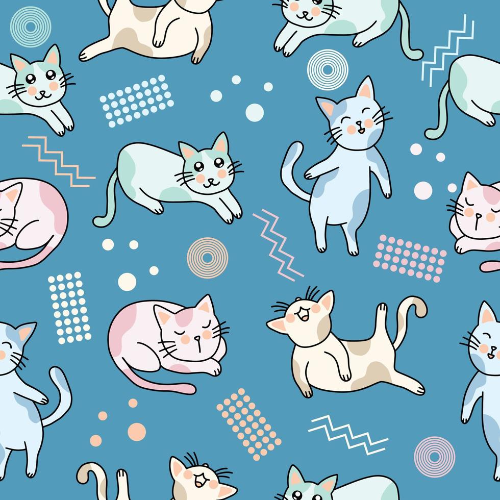 lindos animales chibi gatitos y gatos garabatos de patrones sin fisuras para niños y bebés kawaii dibujos animados premium vector fondo diseño decoración ilustración creativa para impresiones, memphis 80s 90s temas