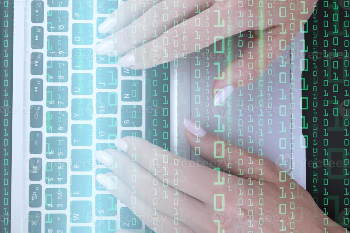 Professional hacker, female hands on the keyboard and binary code background. Information about cyber hacking. photo