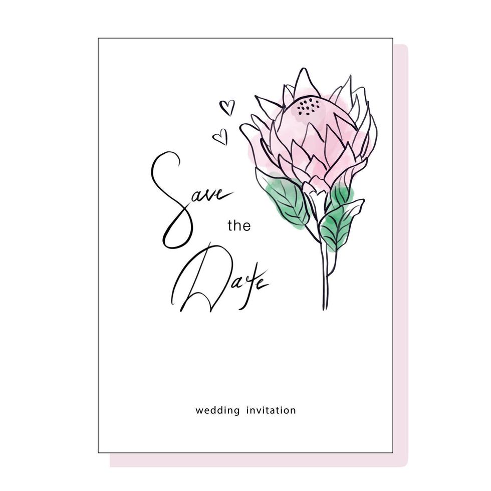 Wedding card. Beautiful illustration with watercolor protea flower and lettering. vector