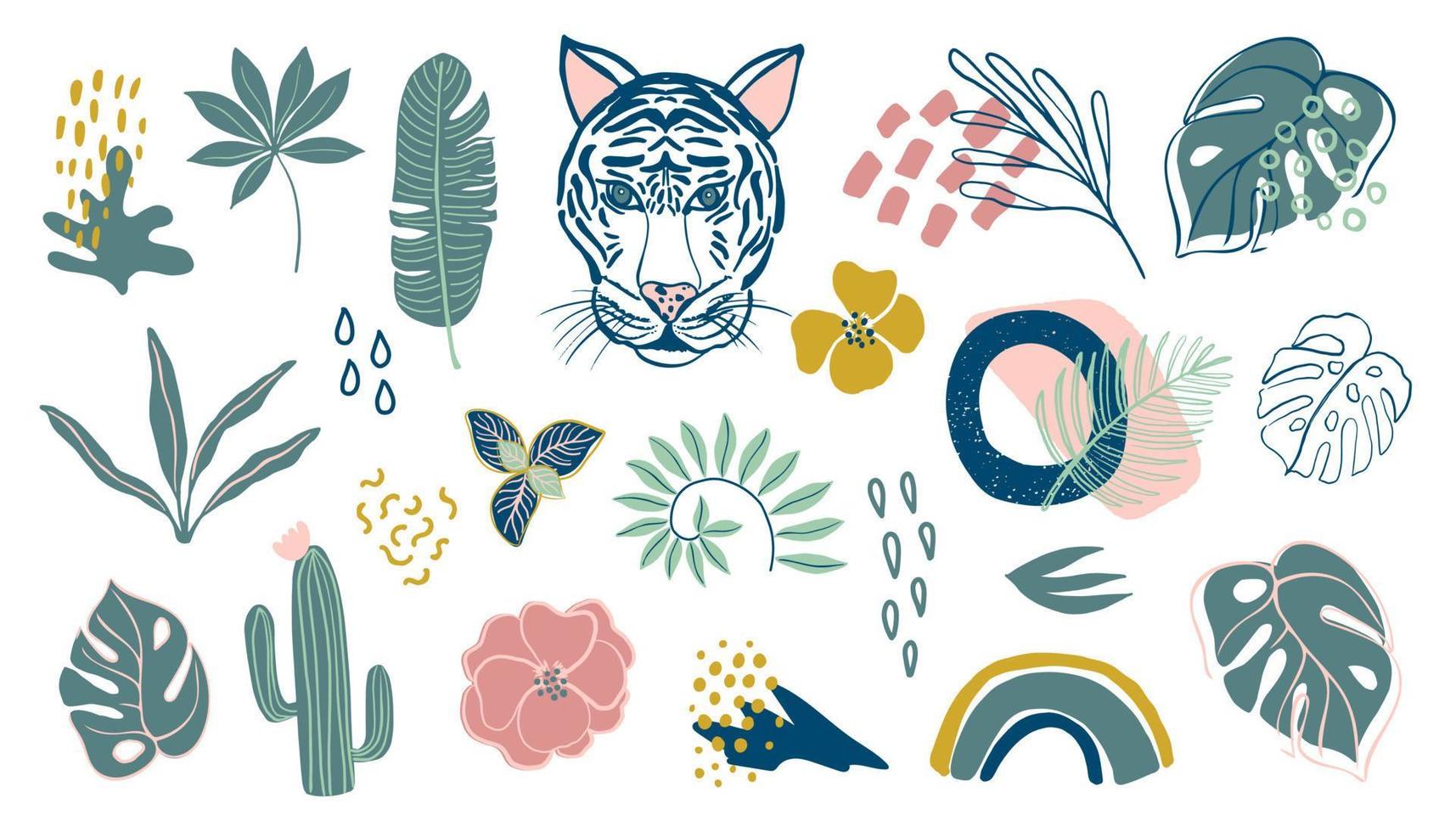 Big set with tropical leaves, cactus, tiger and abstract textures. Plant collection. Digital vector illustrations in simple hand drawn style. All illustrations are isolated.