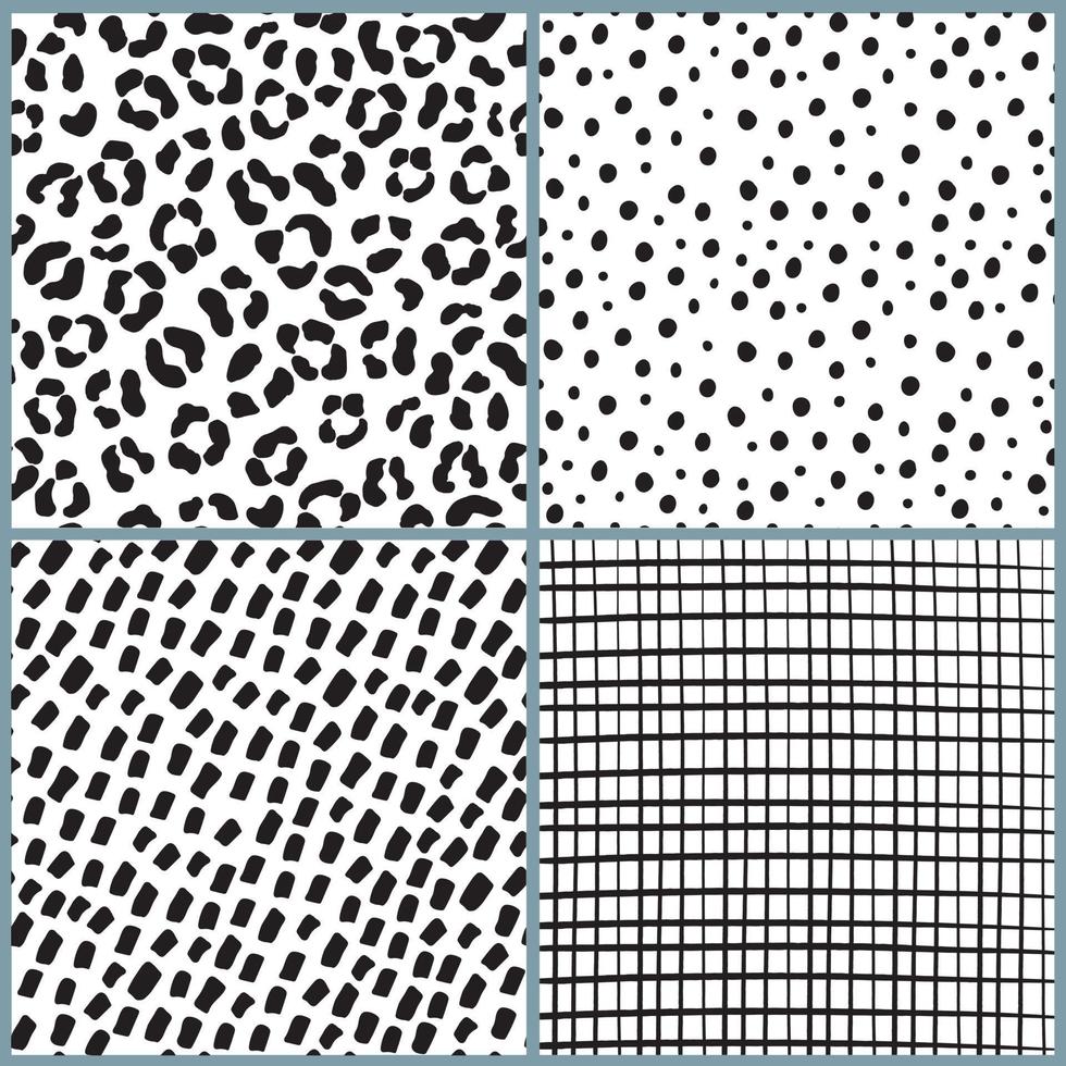 Set of four hand drawn black ink patterns. Endless vector backgrounds of simple primitive scratch textures with dots, stripes, leopard print. Good for web design, scrapbook paper, wrapping, textile.