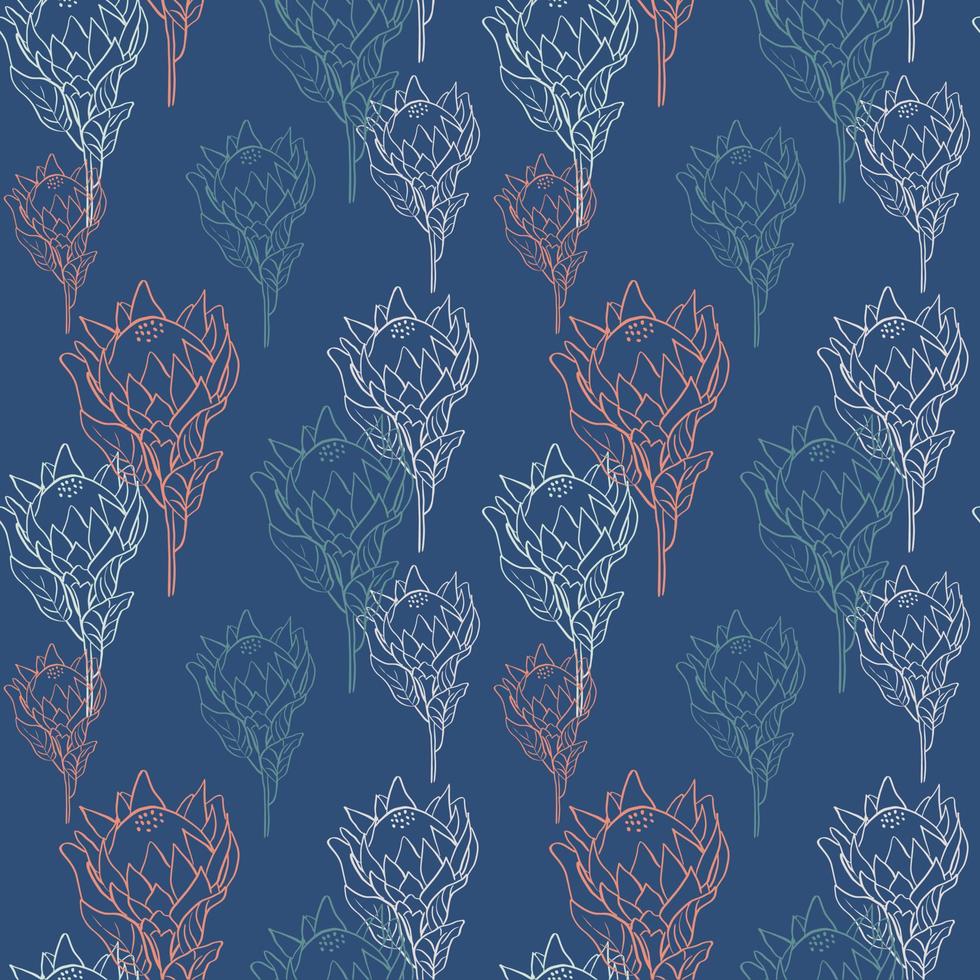 Flower pattern with tropical king proteas in blossom on navy background. Hand drawn line style vector illustration. Vintage seamless pattern in red, green, blue and beige colours.