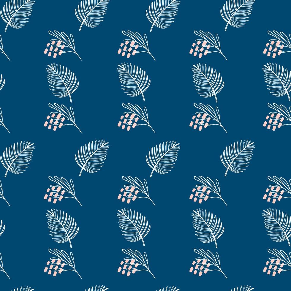 Seamless tropical pattern with exotic plants silhouettes on navy blue background. Monochrome vector illustration. Jungle print for textiles, wrapping paper, fabric, scrapbooking.