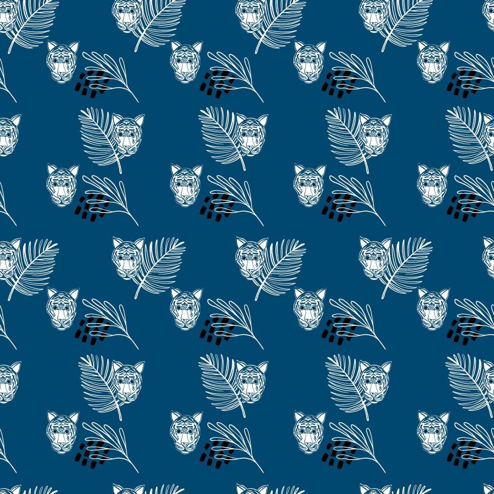 Seamless tropical pattern with tiger and exotic leaves silhouettes on navy blue background. Monochrome vector illustration. Jungle print for textiles, wrapping paper, fabric, scrapbooking.