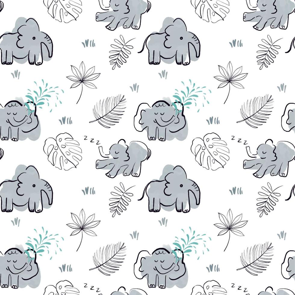 Cute baby vector seamless pattern with hand drawn elephants and tropical plants on white background. Cute characters in simple style. Good for baby nursery, clothes, textile, paper.