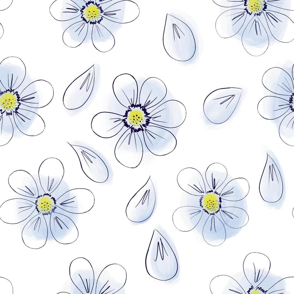 Floral seamless pattern with flowers and petals. Hand drawn sketch line style illustration in simple scandinavian style in limited pastel colors. Good for cards, fabric, textile, wrapping, wallpaper. vector
