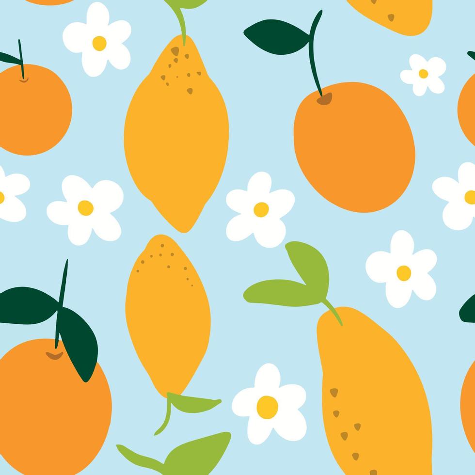 Citrus Orange Lemons Blue Seamless Pattern vector