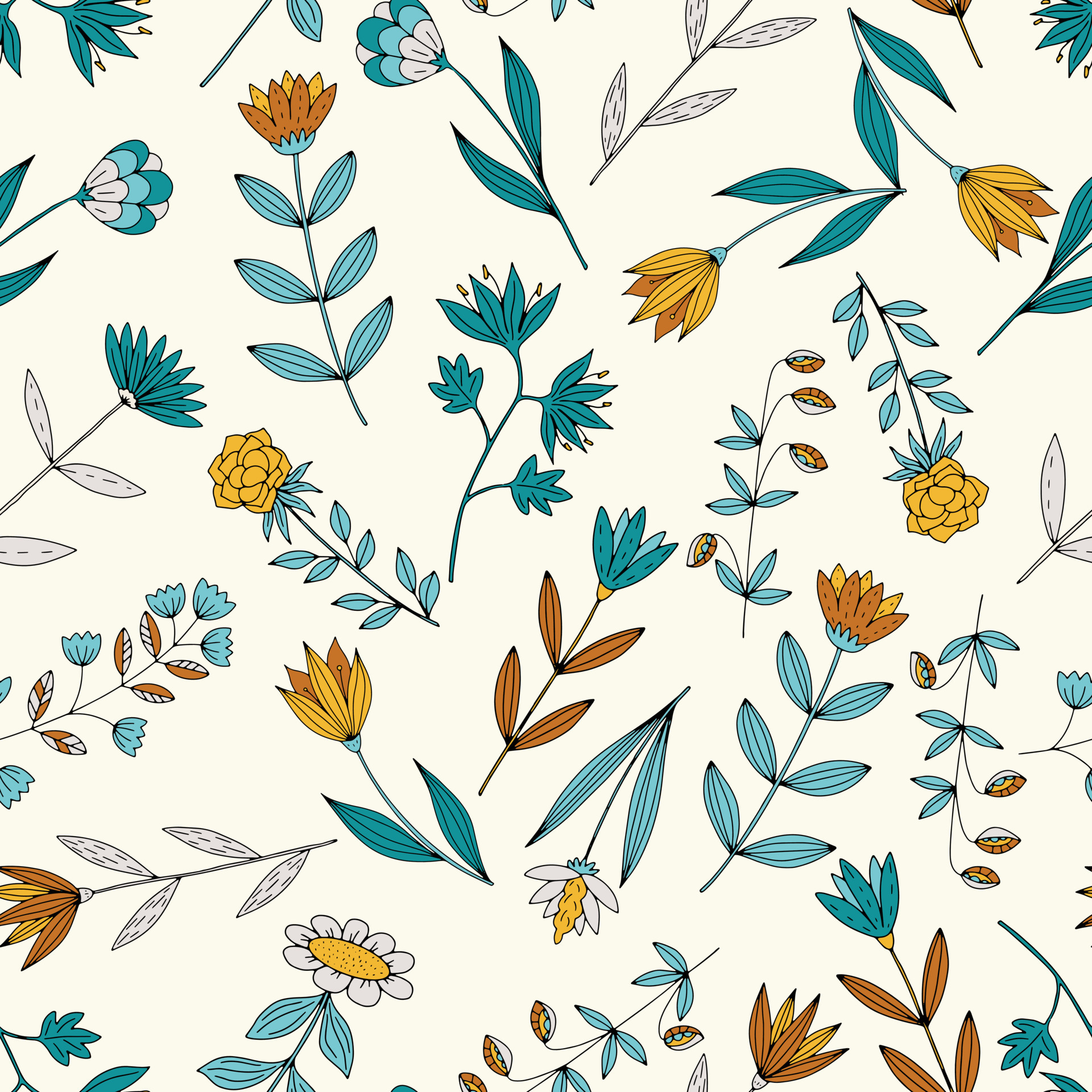 Vector seamless pattern with doodle hand drawn flowers. Beautiful