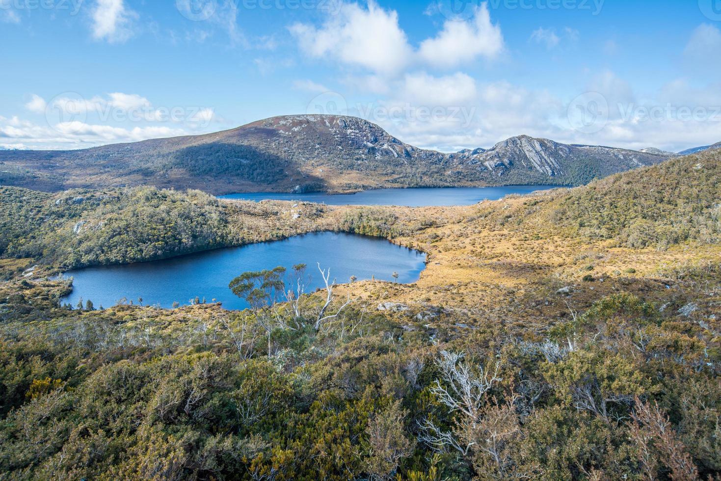 The scenery view of Lake Lila and Dove Lake view from the top of Wombat peak in Cradle mountain of Tasmania state Australia. photo