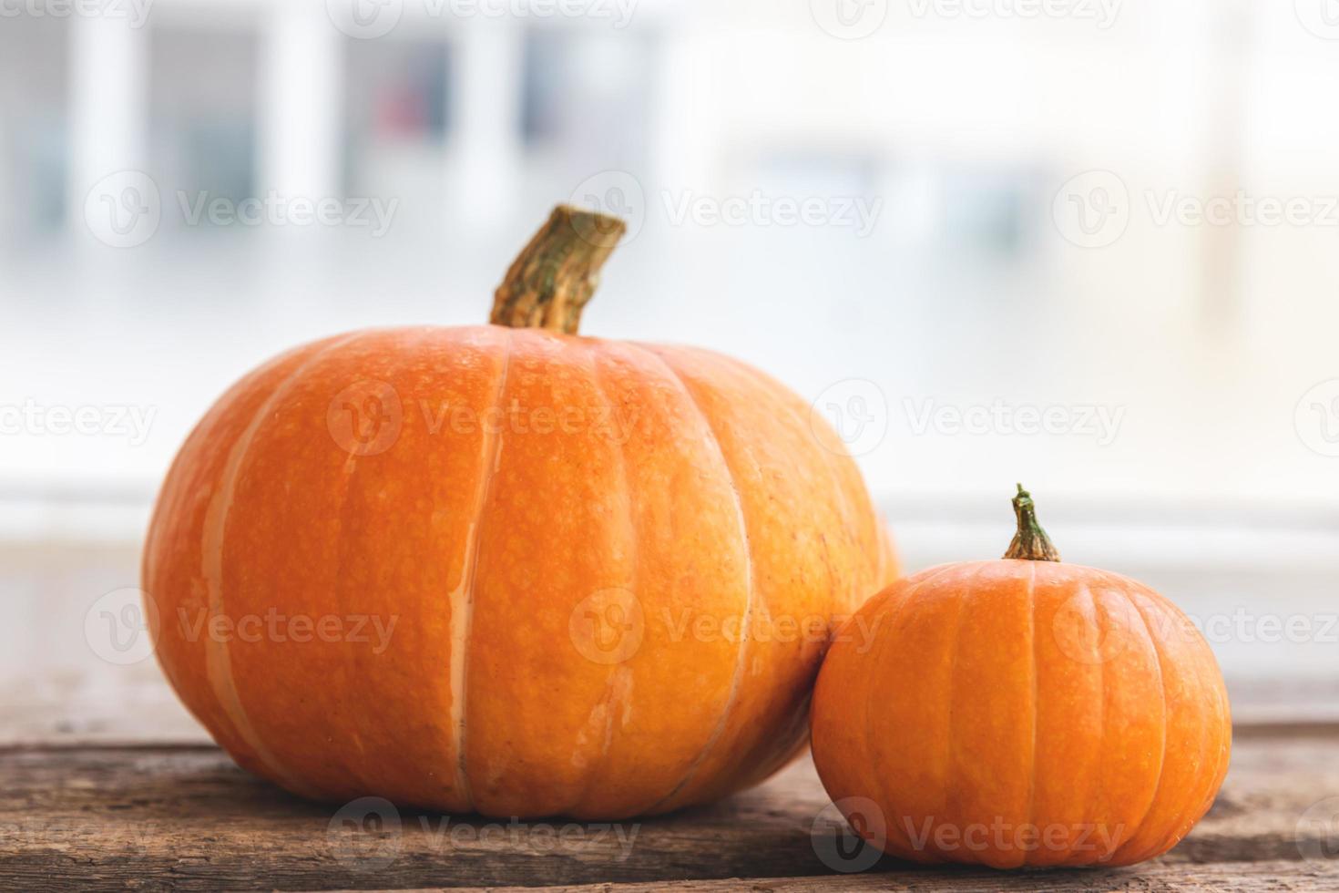 Autumnal Background. Natural autumn fall view pumpkins on wooden background. Inspirational october or september wallpaper. Change of seasons ripe organic food concept, Halloween party Thanksgiving day photo