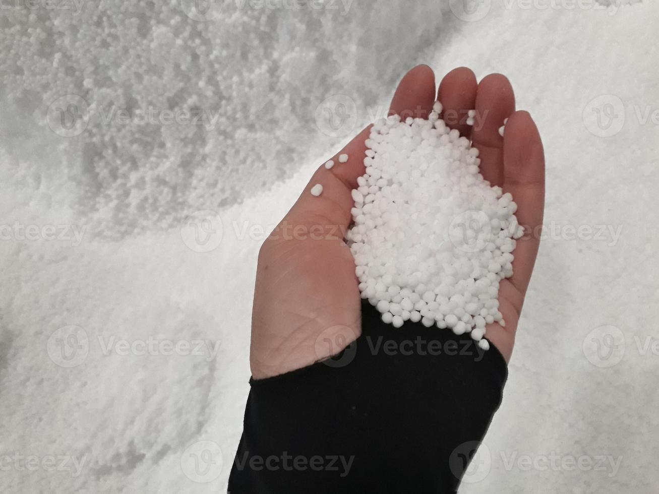 Urea chemical fertilizer, white foam granules, agglomerate In the hands of farmers photo