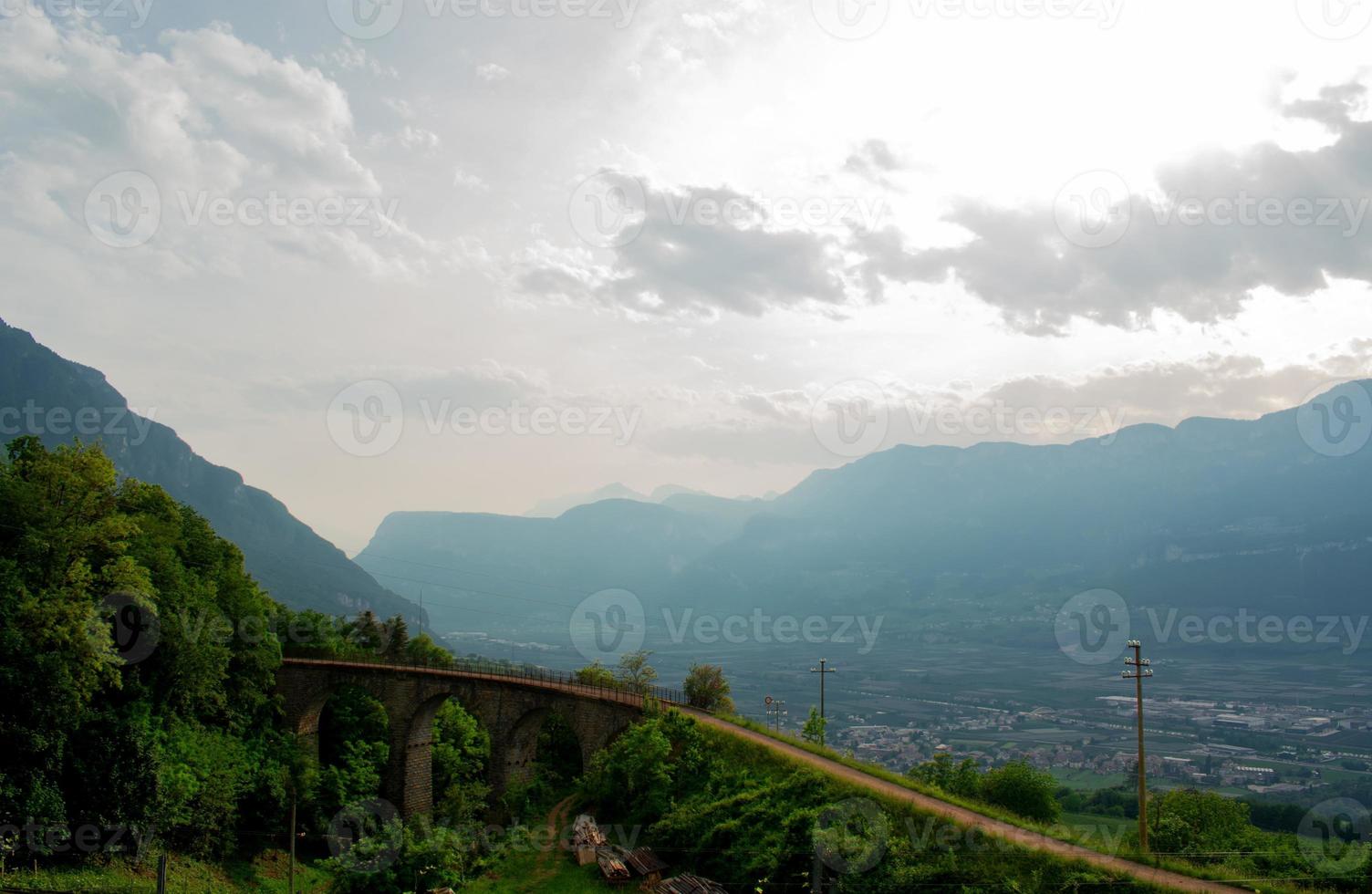 Old railway bridge, today used as a hiking trail and MTB mountain bike, natural panorama in spring, leisure and outdoor life photo