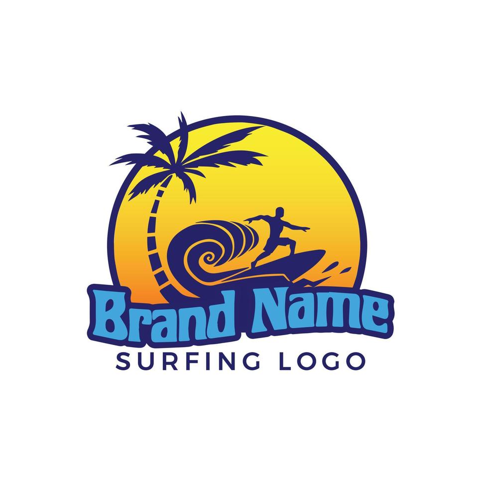 A Man Surfing on His Board With Big Waves, Palm Tree and Sunset Logo vector