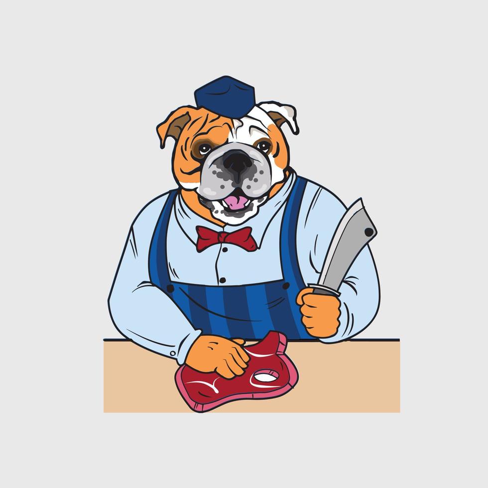 carnicero de bulldog inglés con uniforme azul sosteniendo un cuchillo de carnicero y carne cortada vector