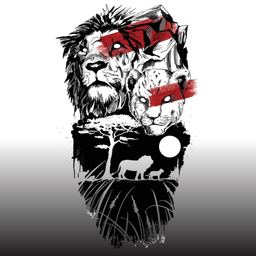 Lion and Cub with their silhouette for arm tattoo vector