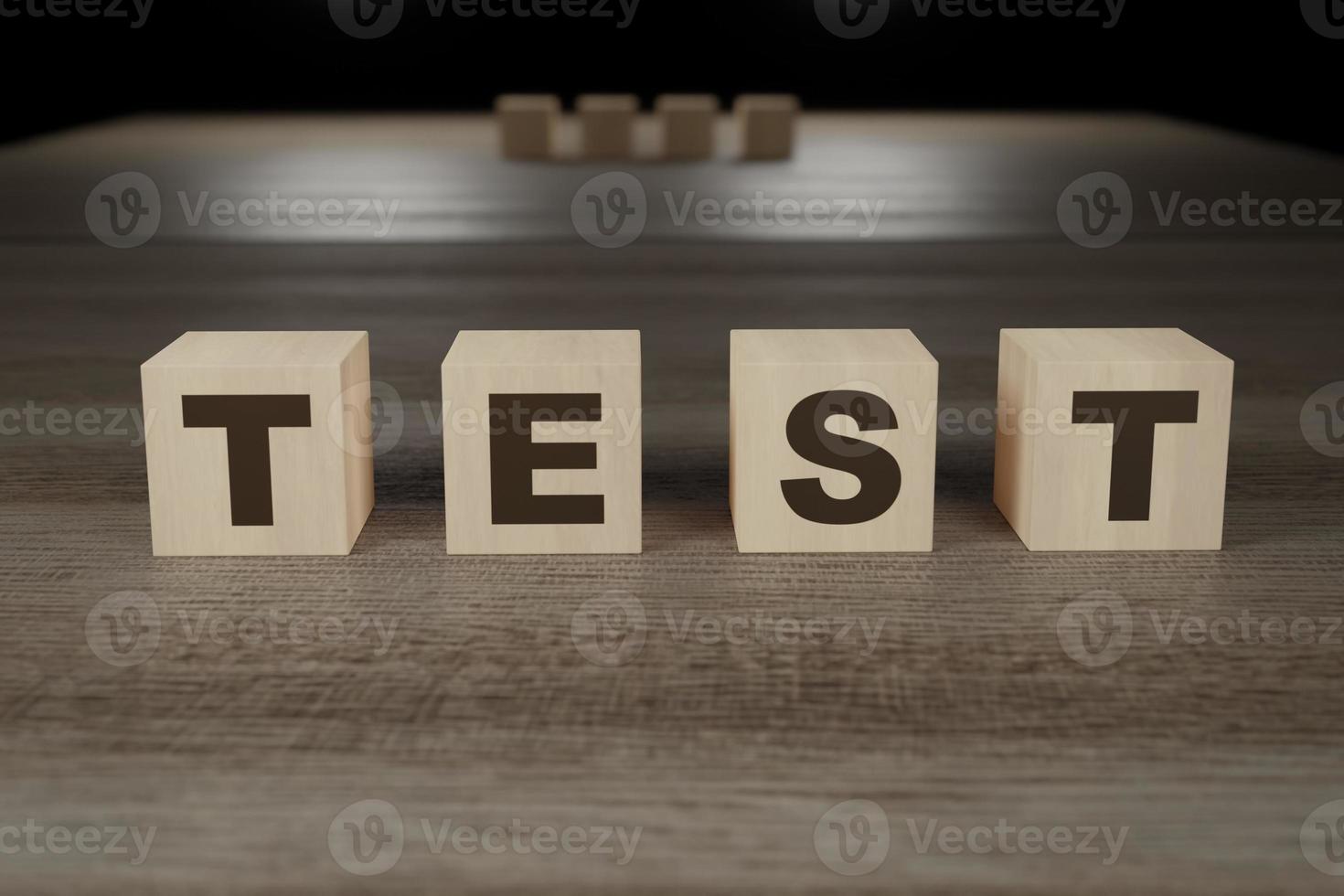 Test word made of wooden cubes. Development and medical concept. Testing sign, exam, learning illustration. Quality control background, 3D rendering. photo