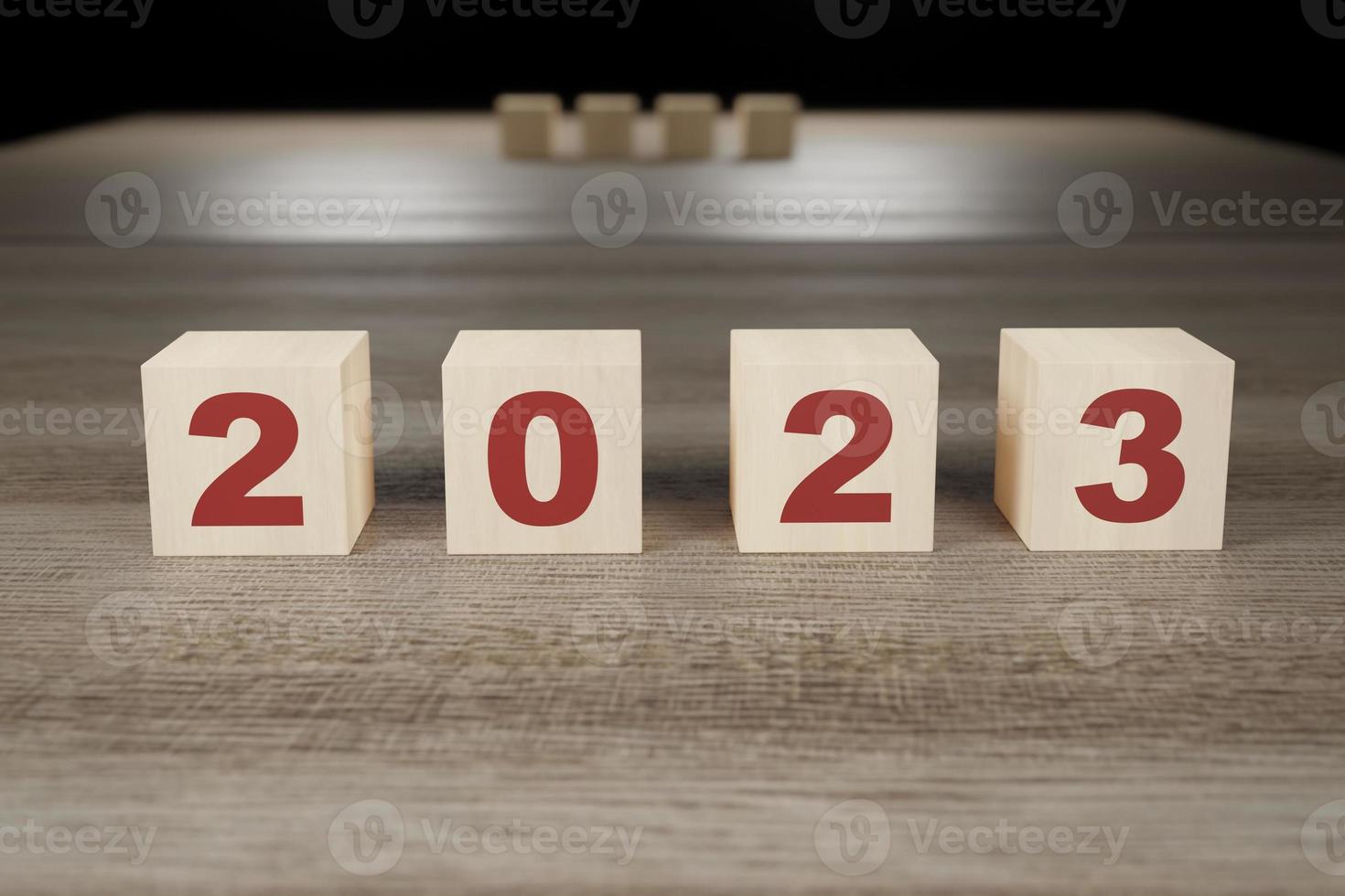 2023 word made of wooden cubes. New Year concept. Calendar sign, event, celebration illustration. Blurred background, 3D rendering. photo
