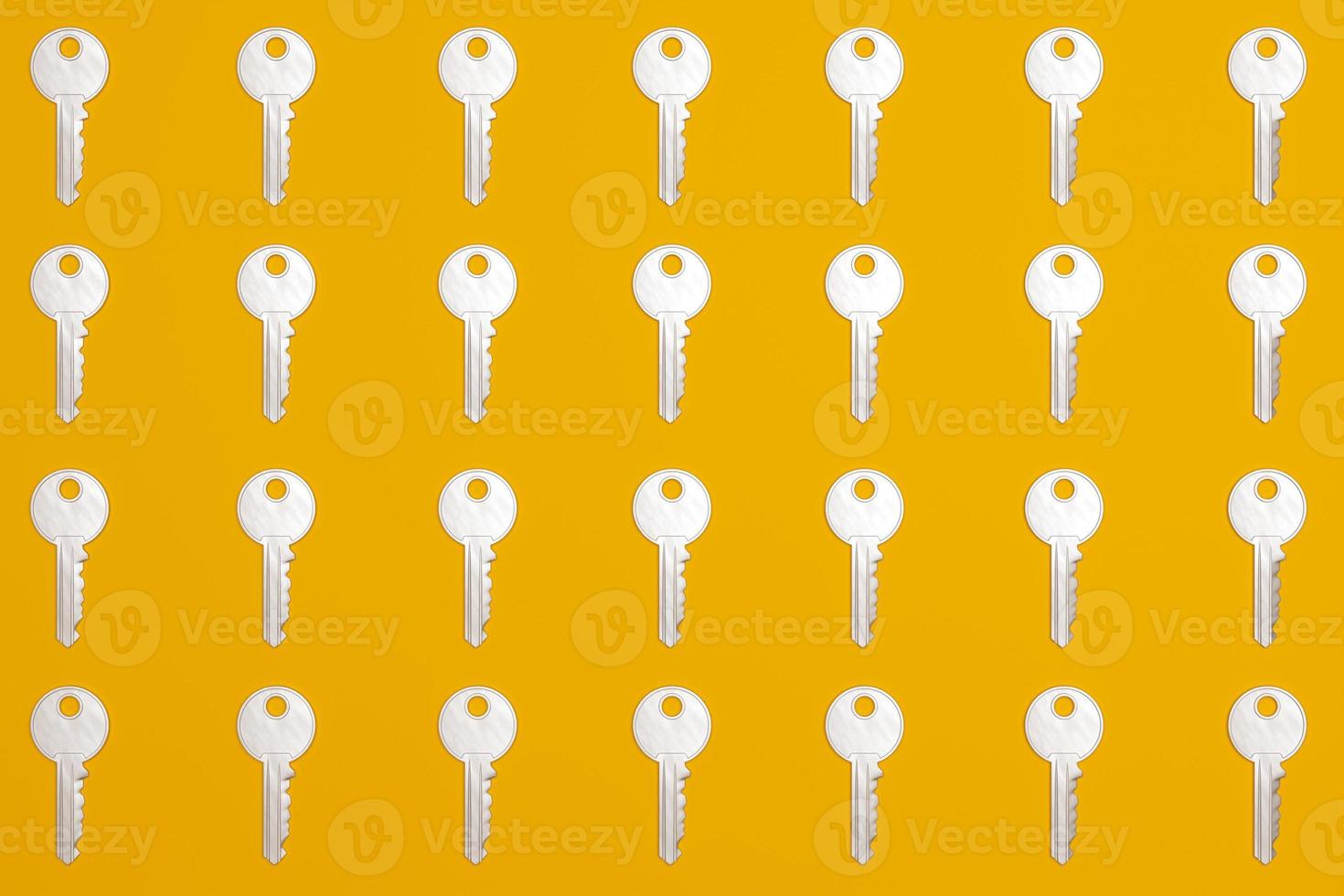 Modern flatlay with keys on trendy yellow background, 3D rendering photo