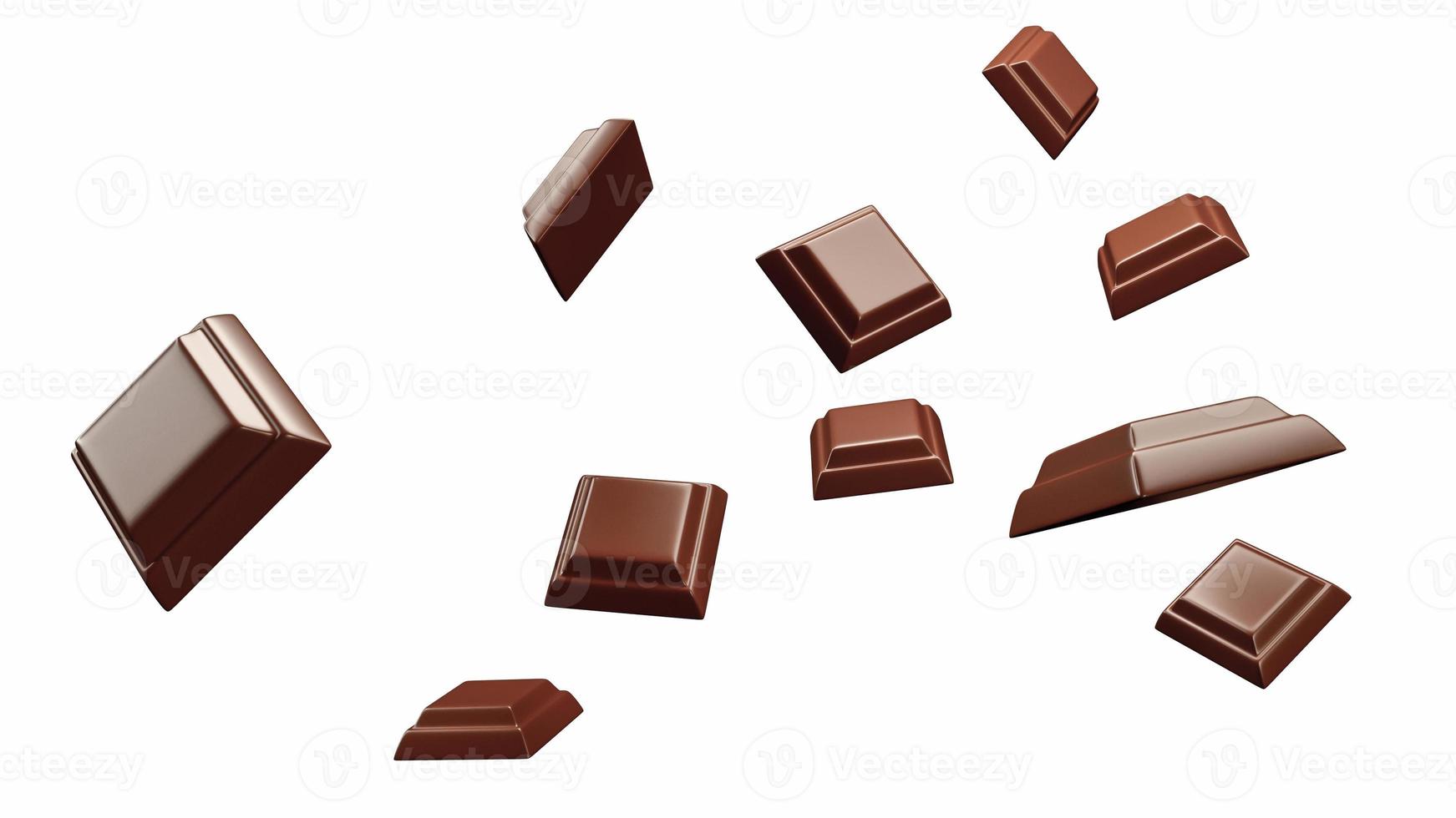 primer plano de la pila de piezas de chocolate cayendo muchos cubos de chocolate cayendo con uno más cerca en el centro. aislado sobre fondo blanco. representación 3d ilustración 3d foto