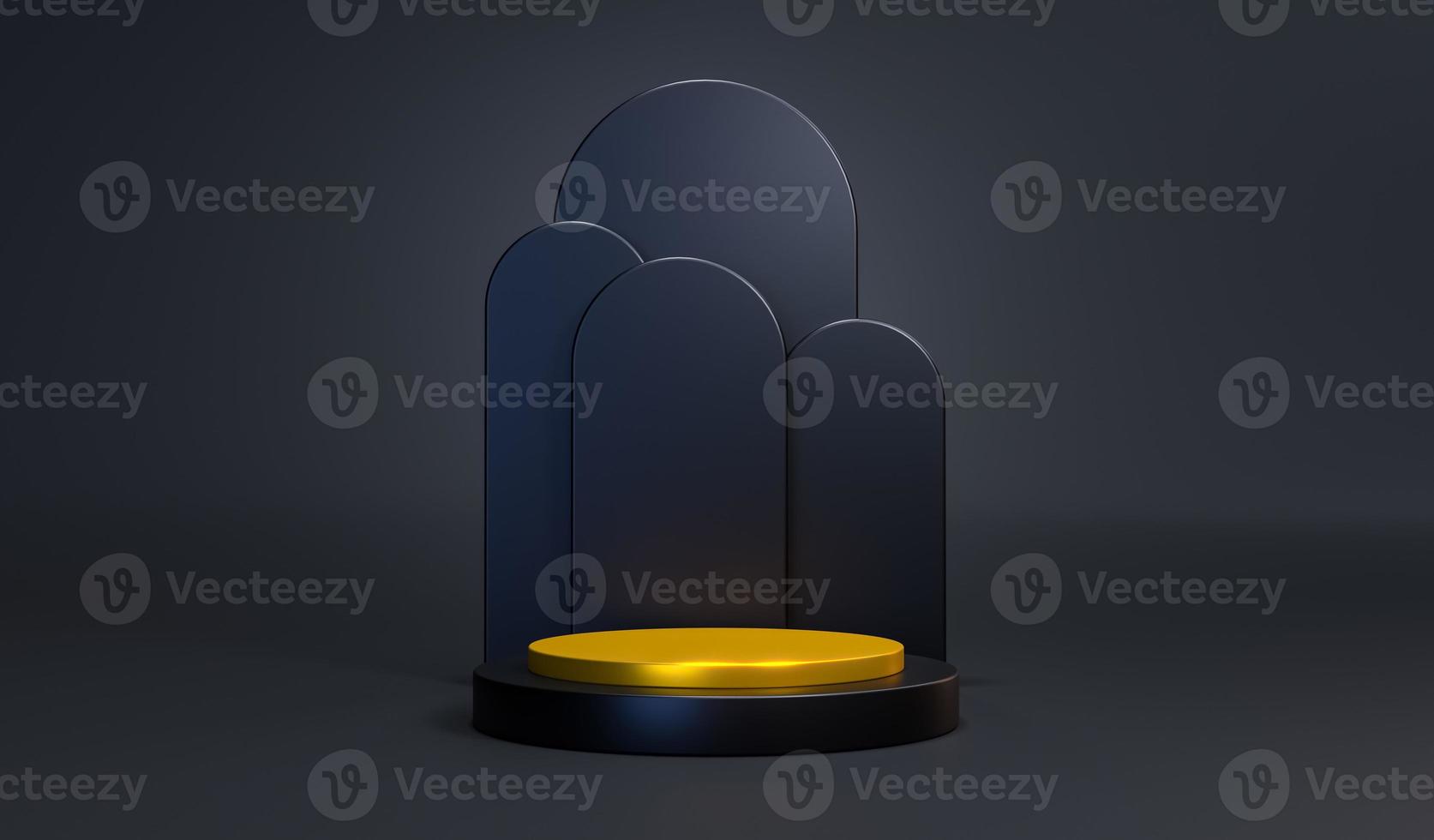 Background minimalist black gold Empty cylinder podium vacant pedestal round stage showcase stand, product display platform Abstract architectural elements. Copy space. Premium design 3d renderering photo