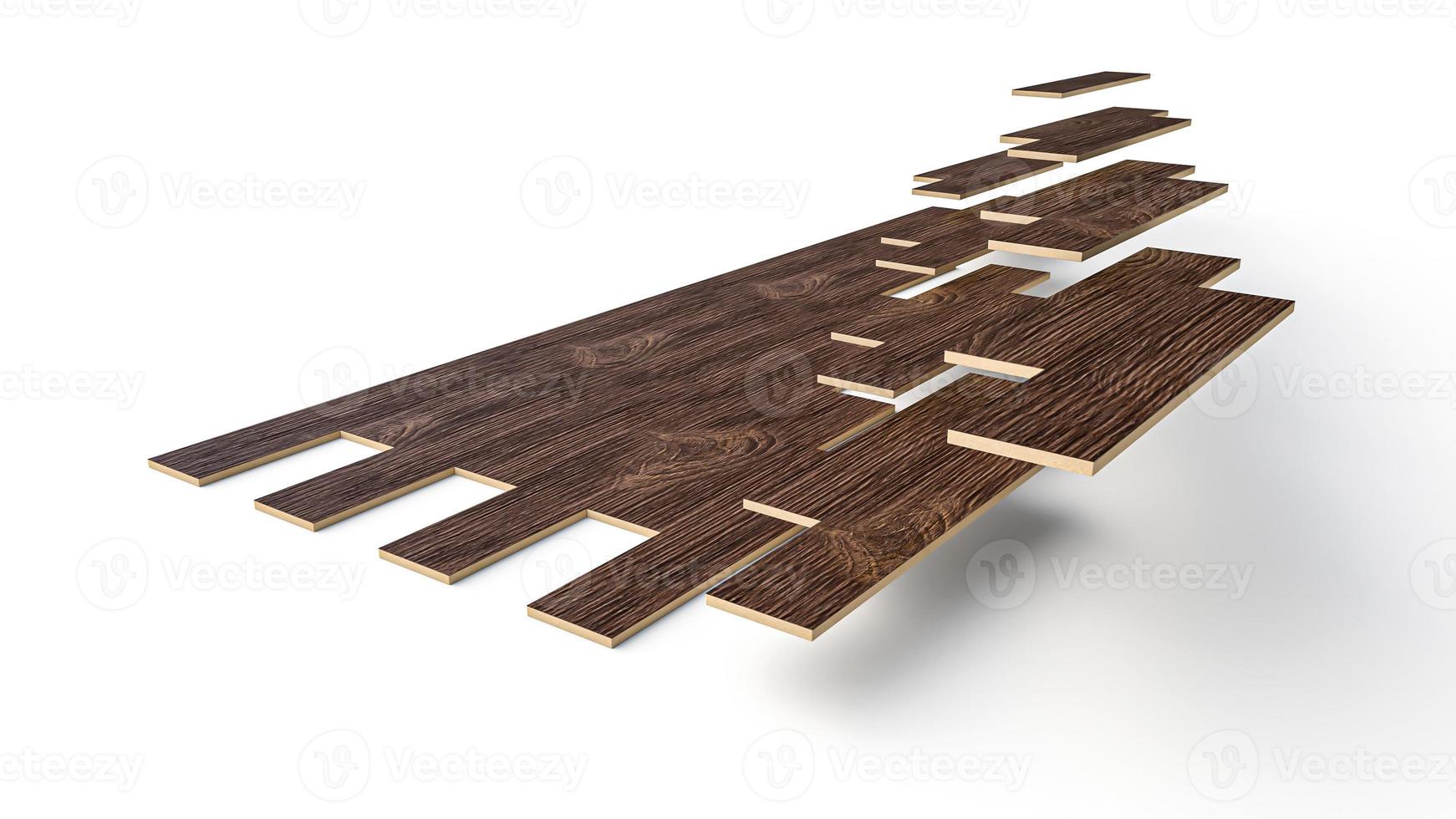 wood flooring installation fixing parquets on floor. 3d Illustration about construction photo