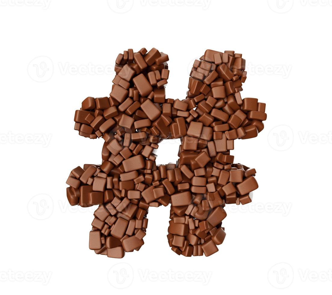 símbolo de hashtag hecho de trozos de chocolate piezas de chocolate letra del alfabeto ilustración 3d foto
