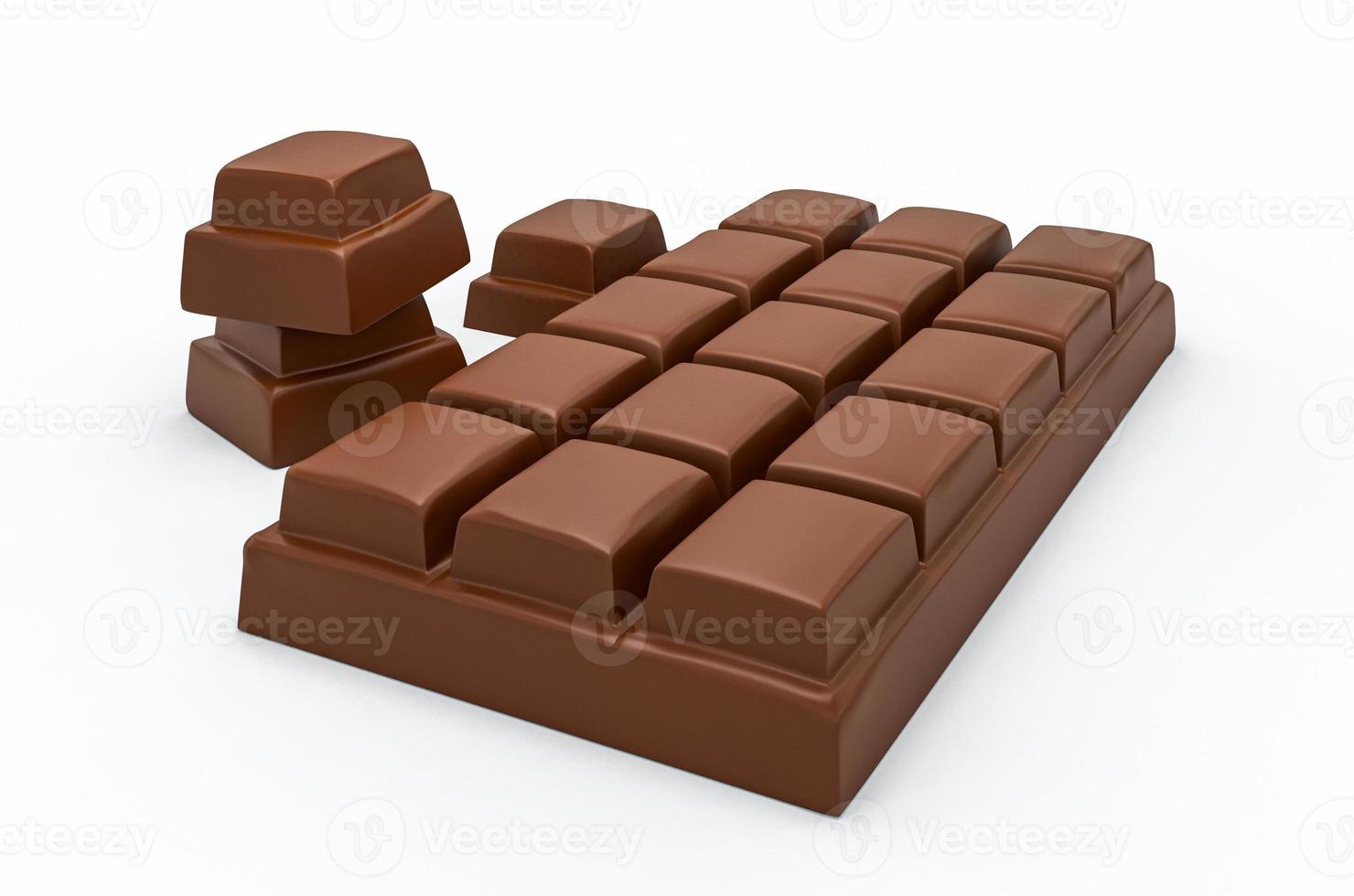 Milk chocolate bar and chocolate pieces isolated on white background from top Front view 3d illustration photo