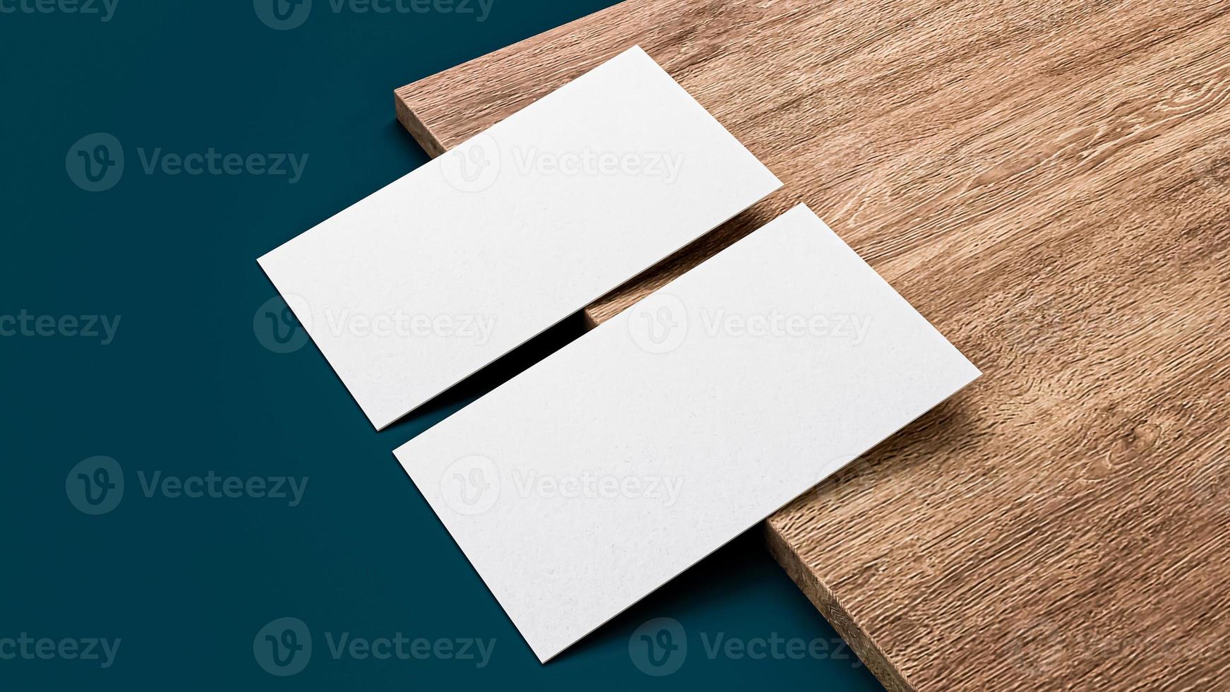 Business cards blank mockup top view, on wooden sheet and Dark Blue background 3d illustration photo