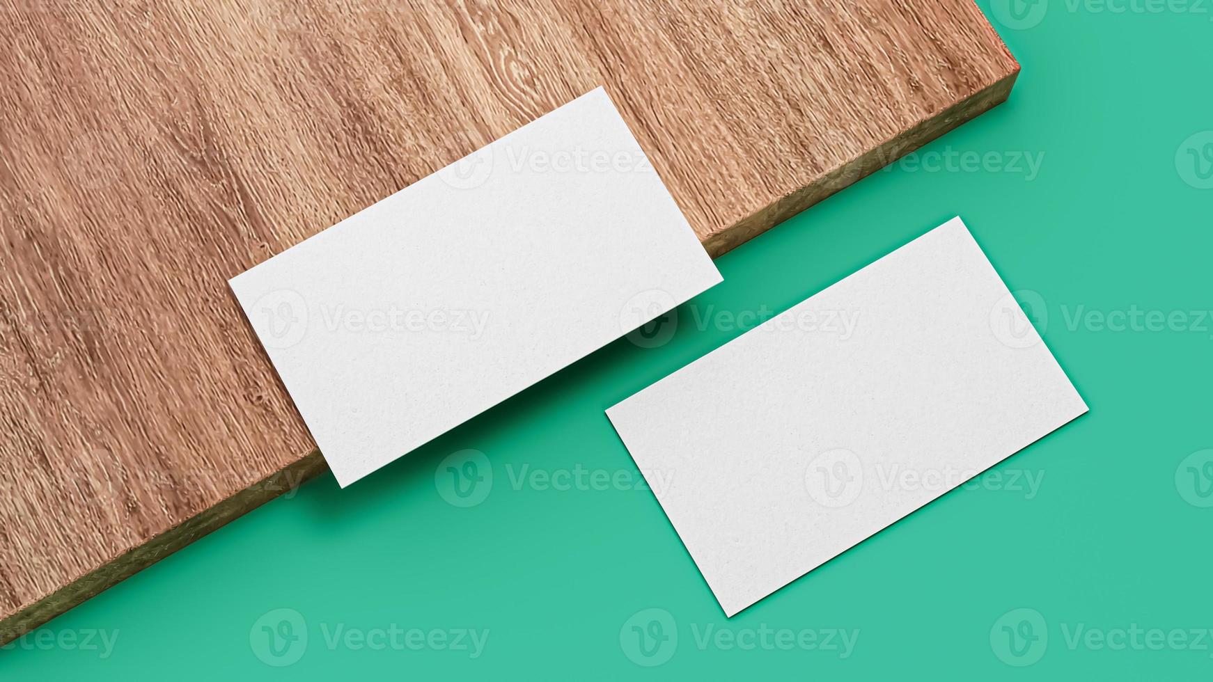 Business cards blank mockup top view, on wooden sheet and Dark Teal Green background 3d illustration photo