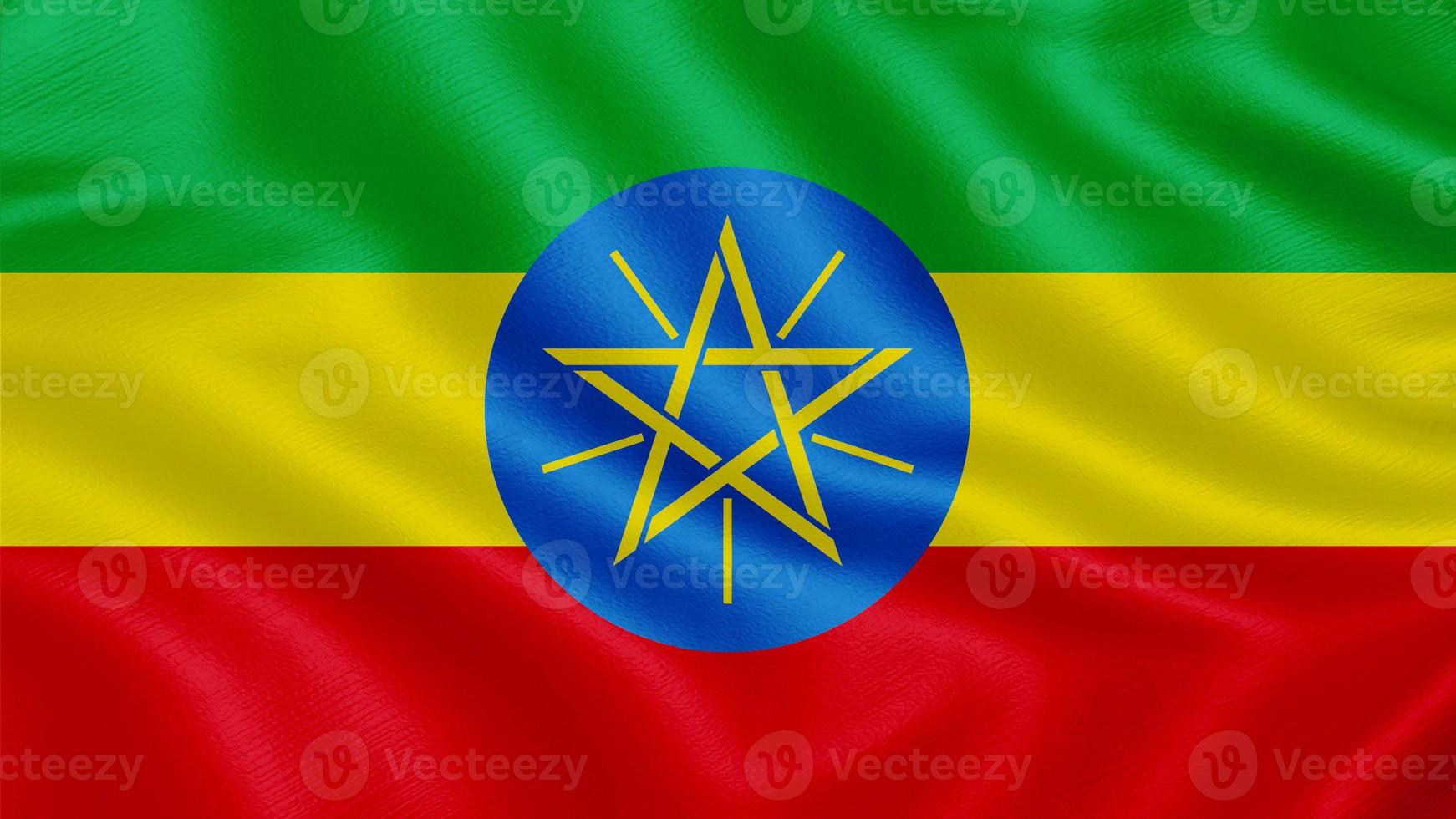 Flag of Ethiopia. Realistic Waving Flag 3d Render Illustration with Highly Detailed Fabric Texture. photo