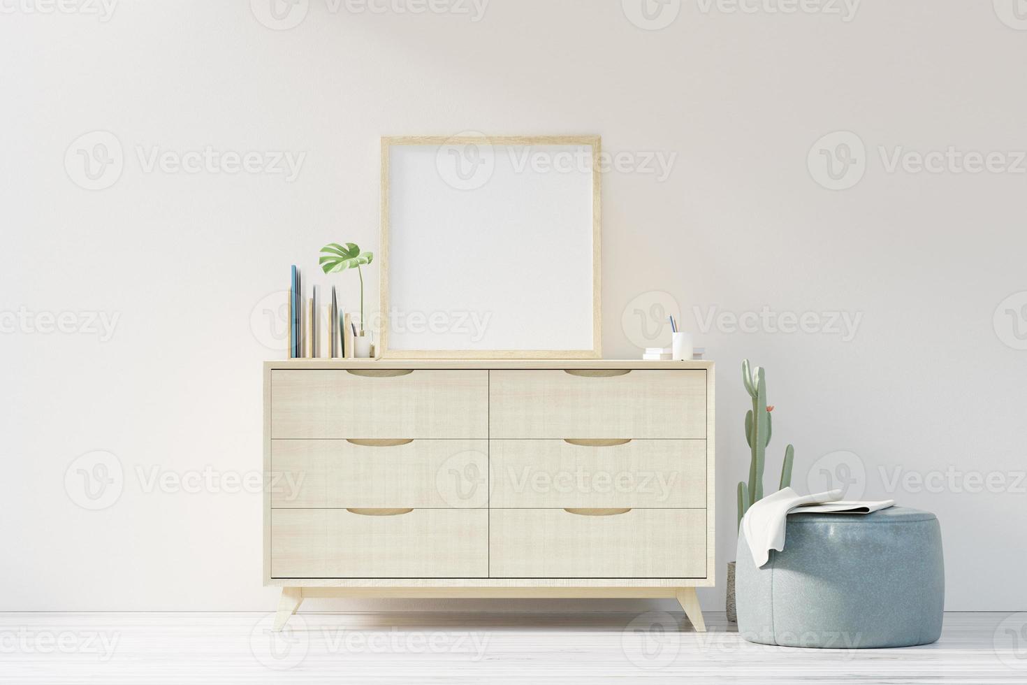 The cabinet in the white living room with a leather stool, a Blank poster on the white wall, 3D Rendering photo