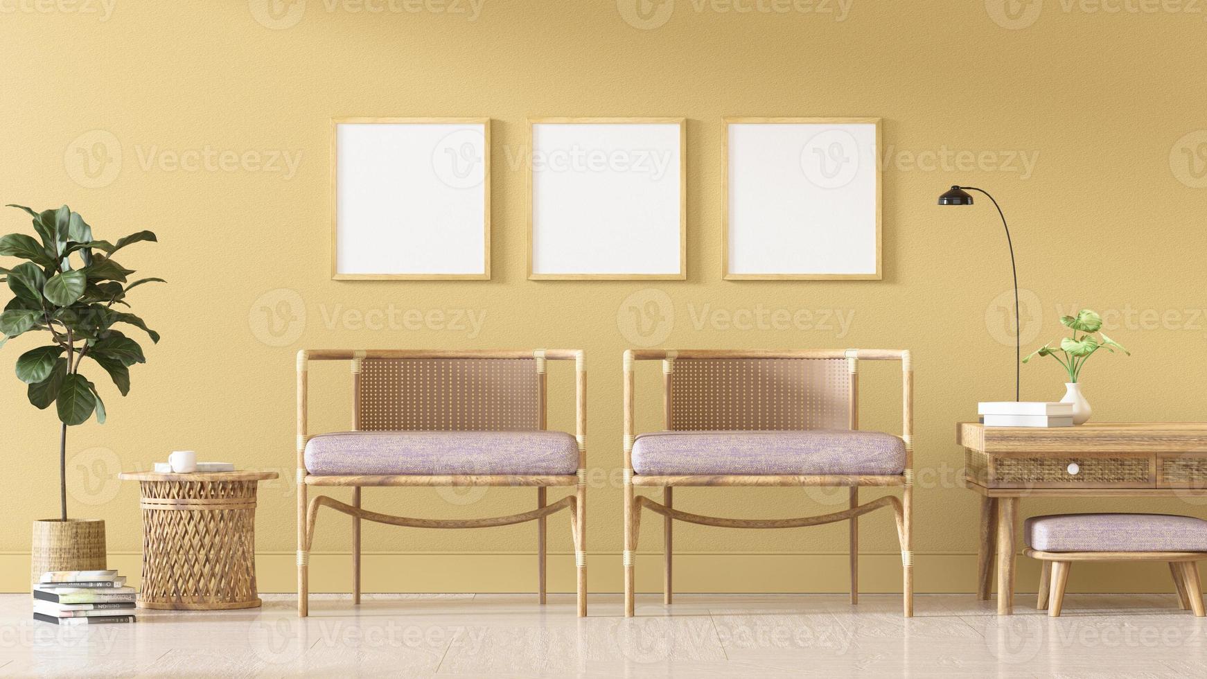 Square poster mockup with Three  frames on the empty yellow wall in living room interior, Living room, 3D Rendering photo