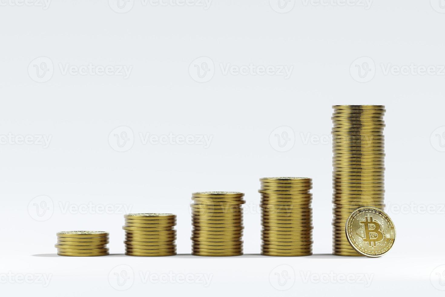 Bitcoin growth concept, Stacks of gold coins like income graph with bitcoin, Isolated on white background - 3d render illustrator photo