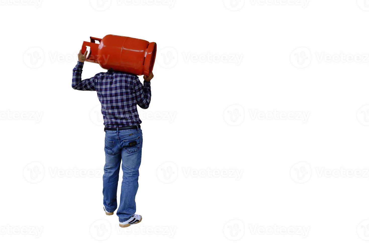 A man wearing a gas cylinder on his shoulder on white background and copy space. Men wearing an orange tank gas on white background. photo