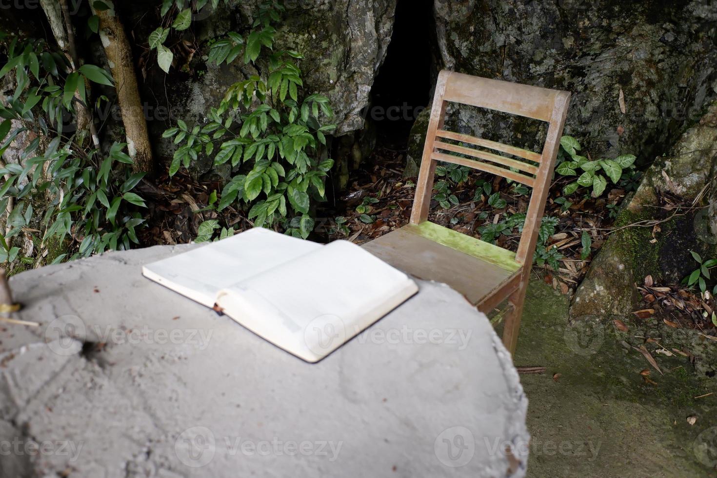 Old brown wooden chair, stone table, and notebook in a forest tree. Selective focus. photo
