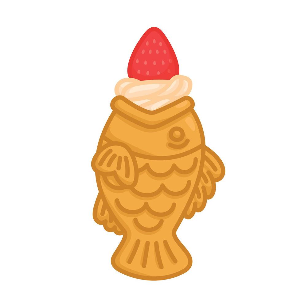 Helado de leche de vainilla taiyaki con fresa kawaii garabato ilustración vectorial plana vector