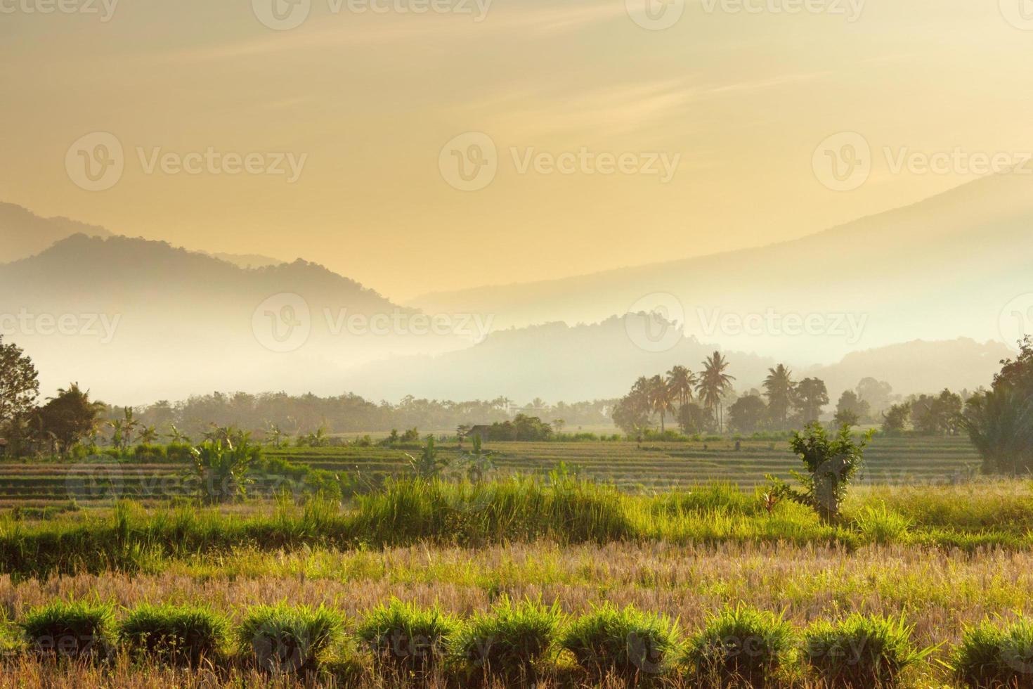 natural landscape with mountains in the morning and sunshine at sunrise in indonesia photo