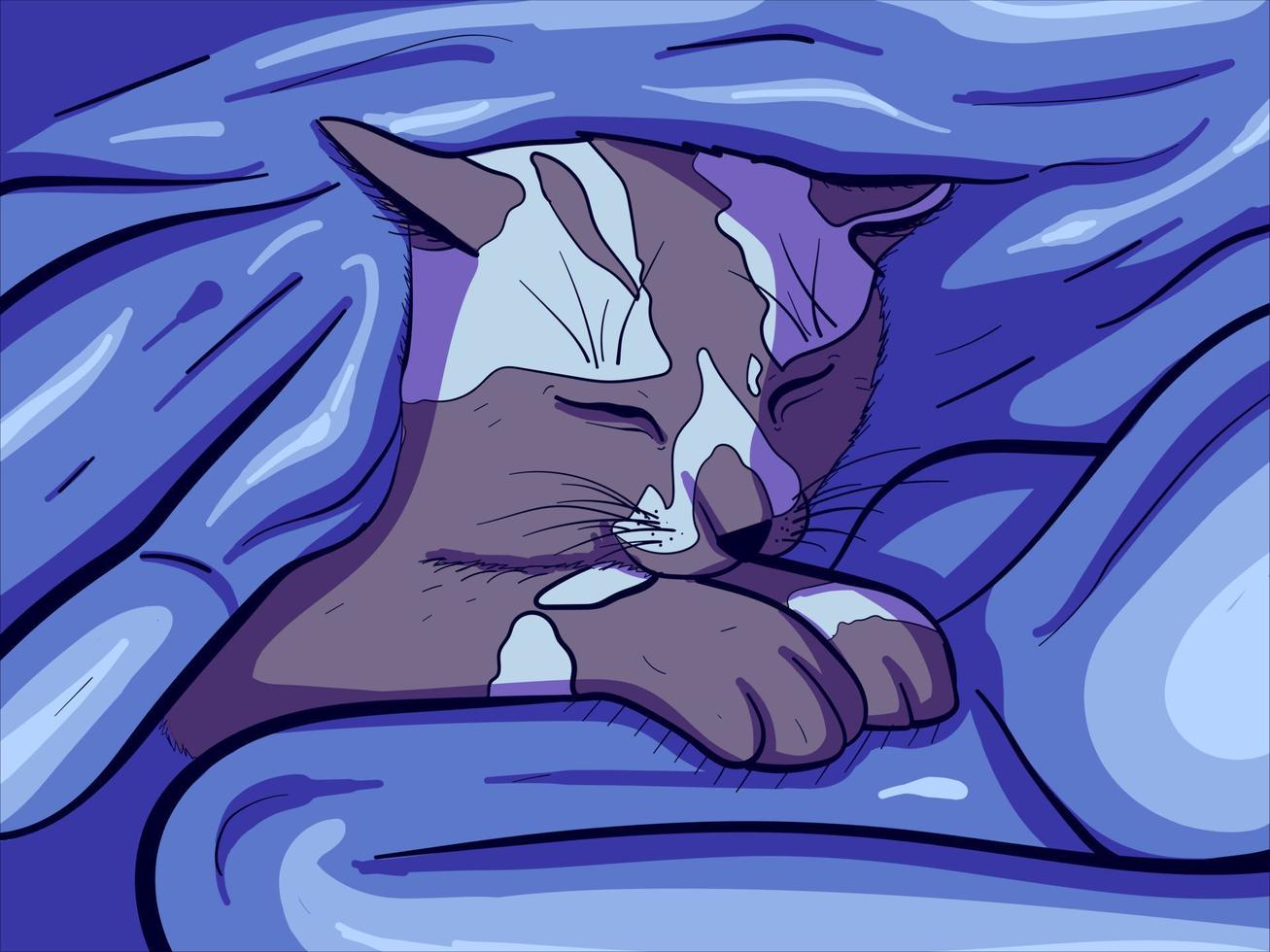 Vector art of a sleeping cat under a warn and cozy blanket. Digital drawing of a small kitten purring.
