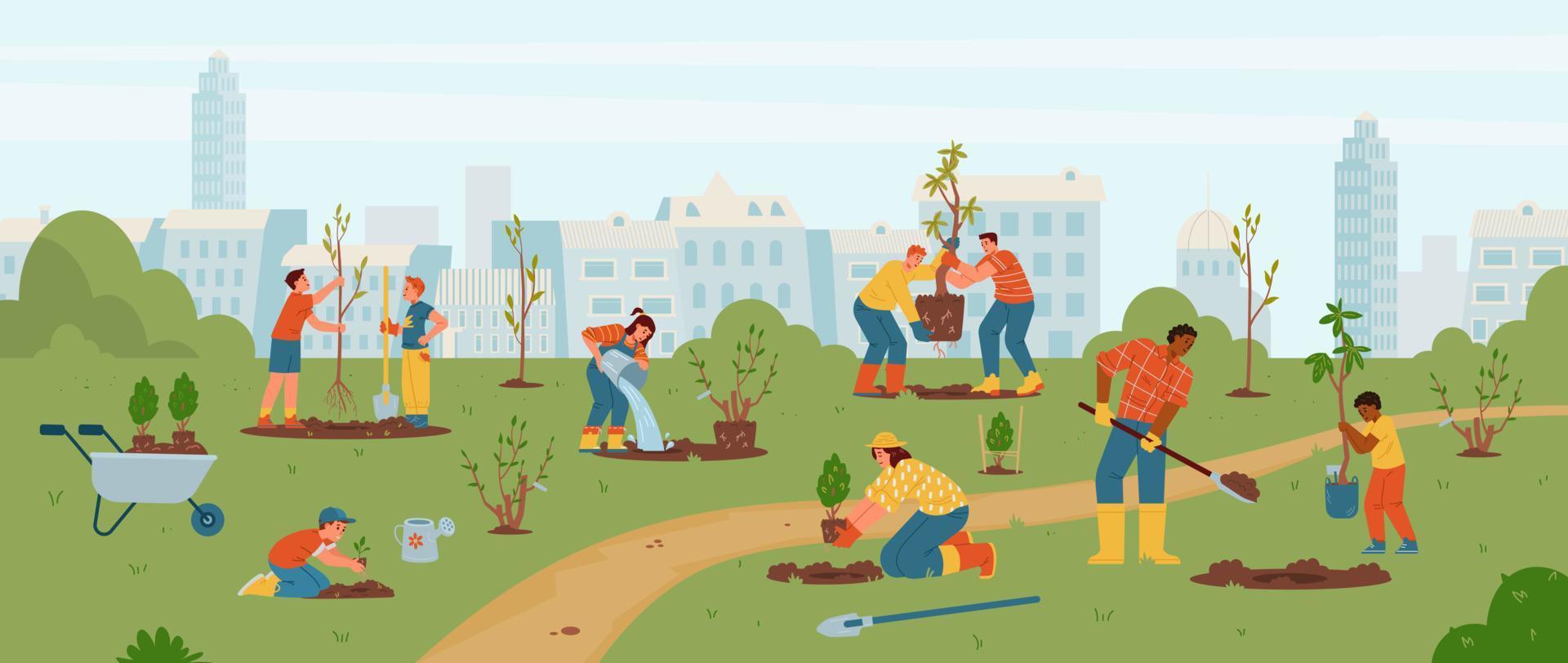 adultos y niños plantando árboles y arbustos en la ilustración vectorial del parque. diferentes personas cargando árboles, cavando, regando. jardinería con niños al aire libre. vector