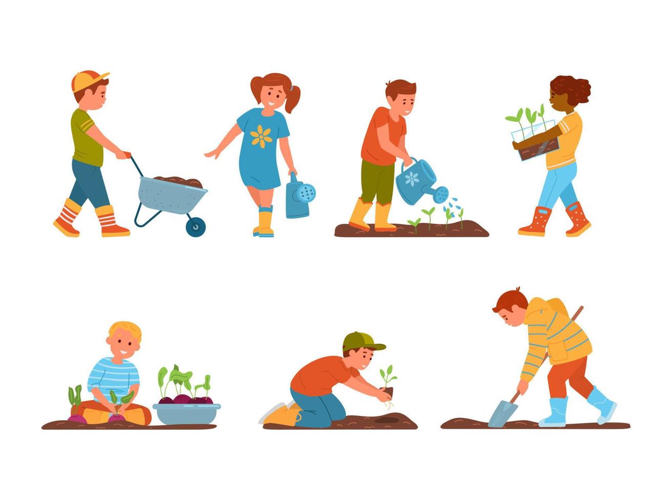 conjunto de vectores de jardinería para niños. niños y niñas con botas de goma regando, plantando, cavando, cosechando al aire libre. aislado en blanco
