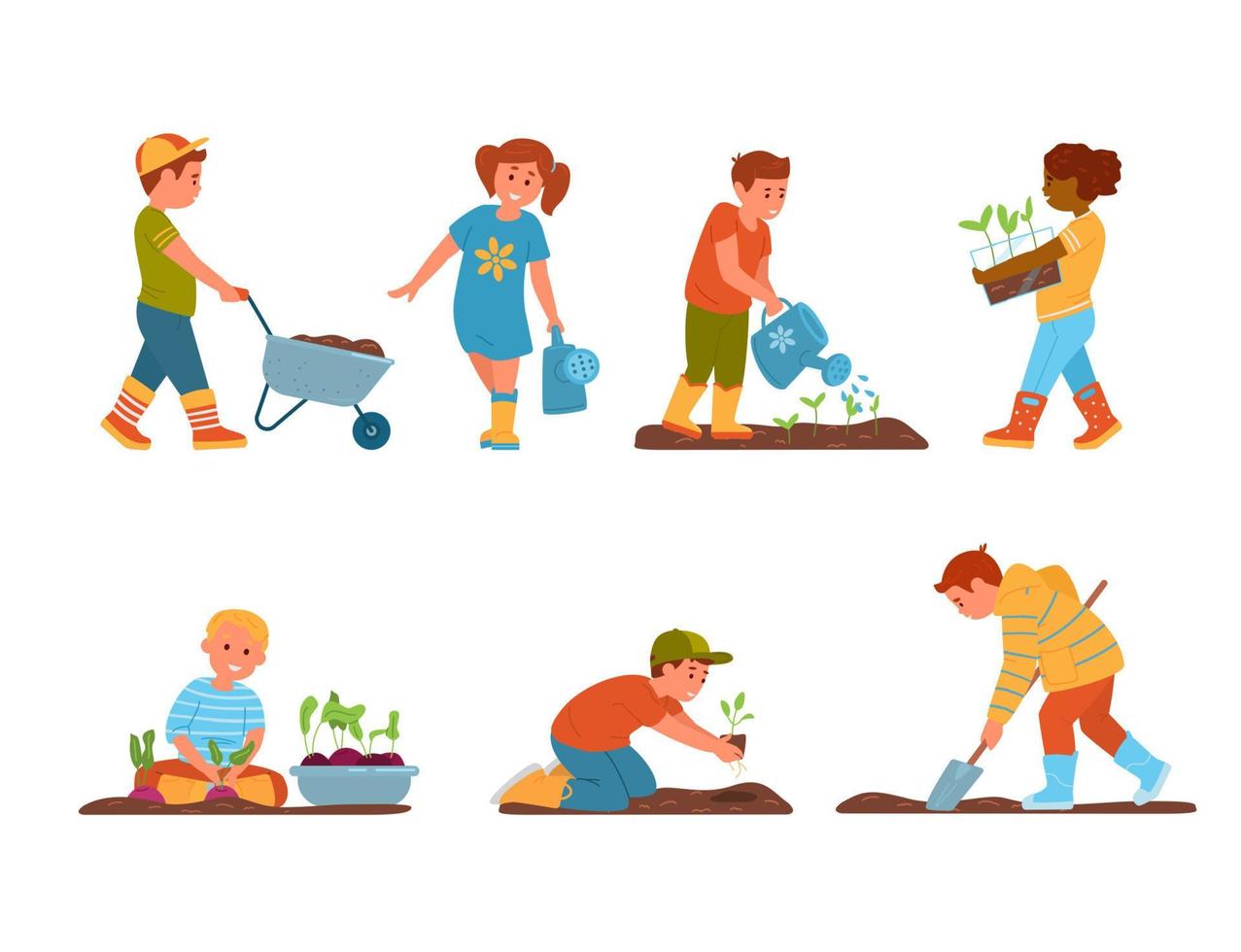 Vector Set Of Kids Gardening. Boys And Girls In Rubber Boots Watering, Planting, Digging, Harvesting Outdoors. Isolated On White.