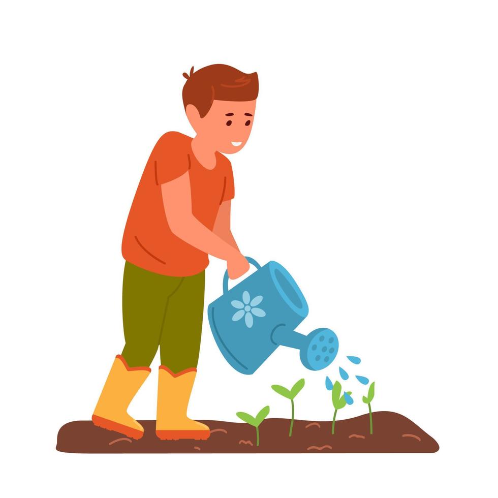 niño pequeño con botas de goma regando plántulas de una lata de agua en el jardín. ilustración vectorial plana. aislado en blanco vector