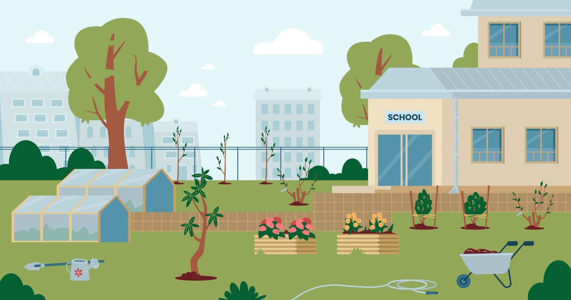 patio trasero de la escuela con invernaderos, macizos de flores, plántulas plantadas, equipo de jardinería. jardín de primavera escolar vacío con árboles y flores. vector