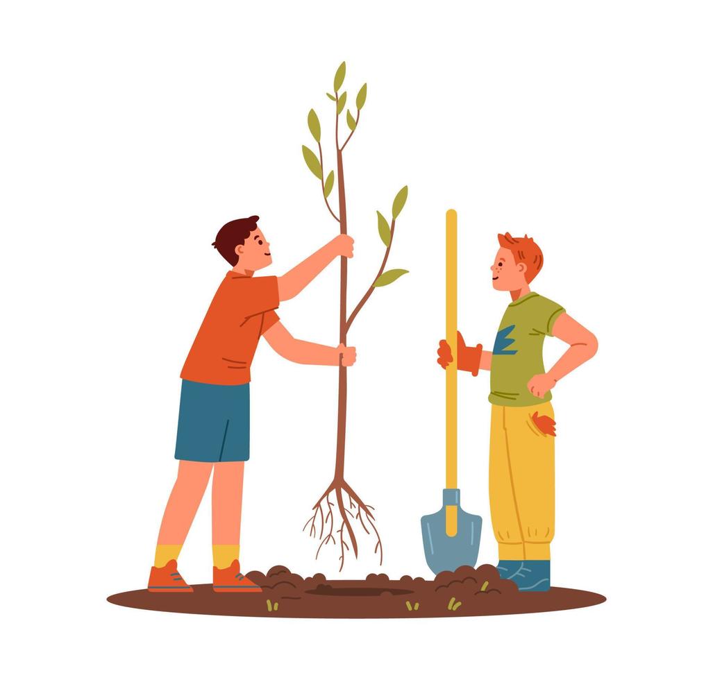 dos niños plantando árboles ilustración vectorial plana aislada en blanco. vector