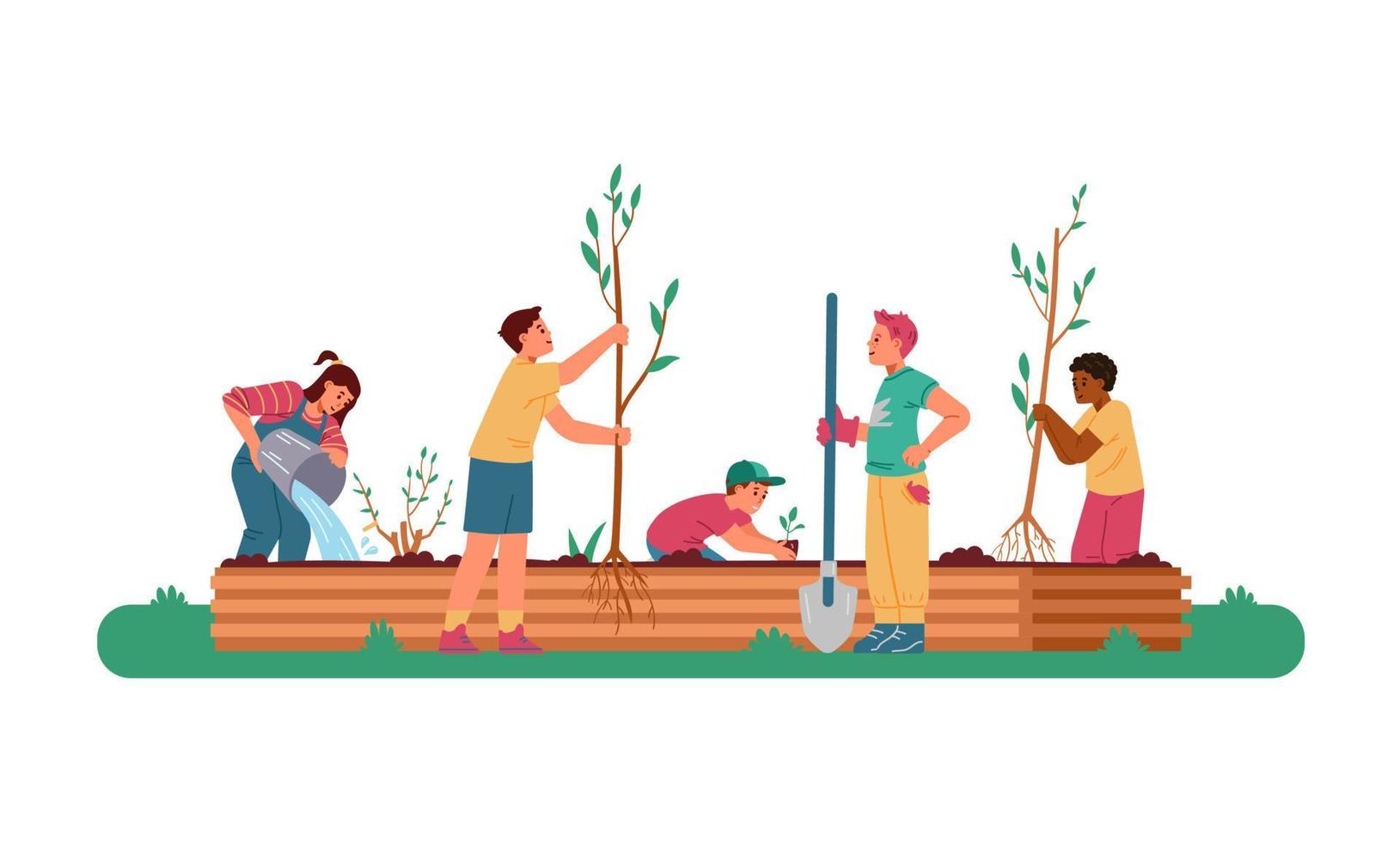 Multiracial children gardening together planting and watering trees flat vector illustration.