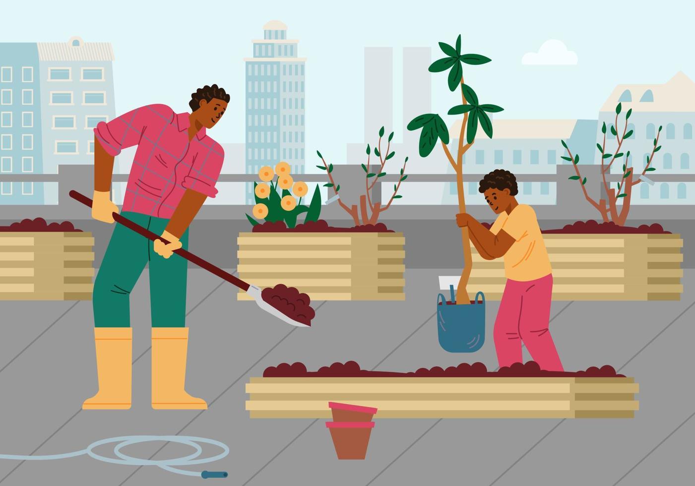 padre afroamericano e hijo cultivando un huerto en la ilustración del vector del jardín de la azotea. hombre y niño plantando árboles.