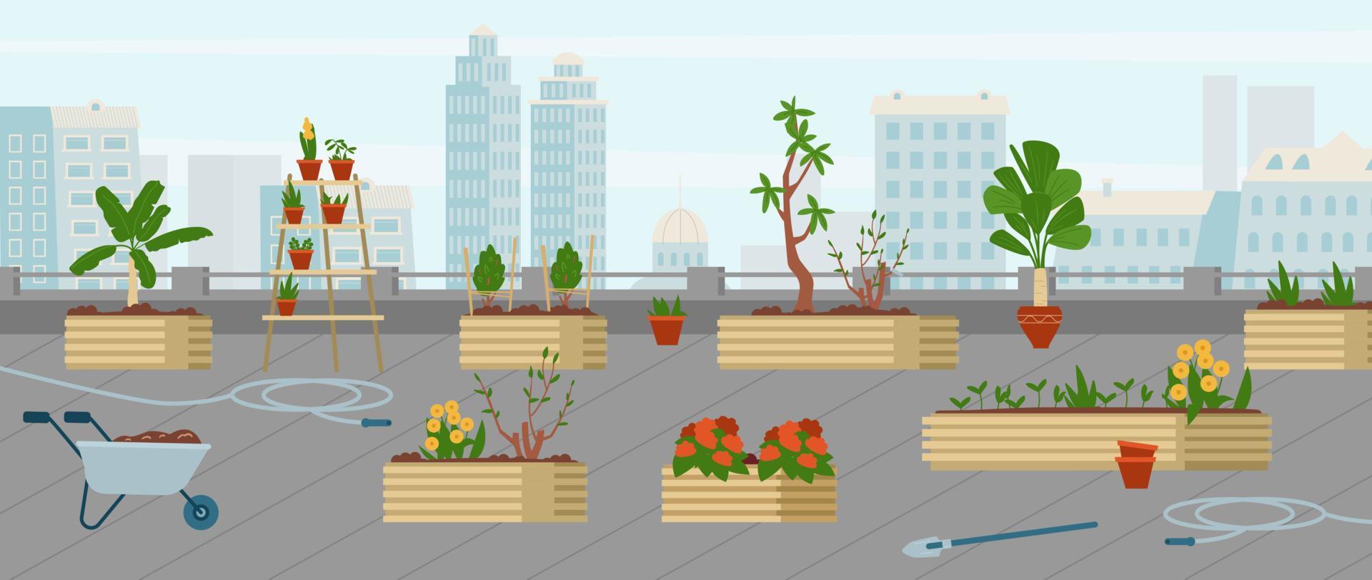 Rooftop garden with flowers and trees and gardening equipment vector illustration. Empty city garden on the roof with cityscape at the background.